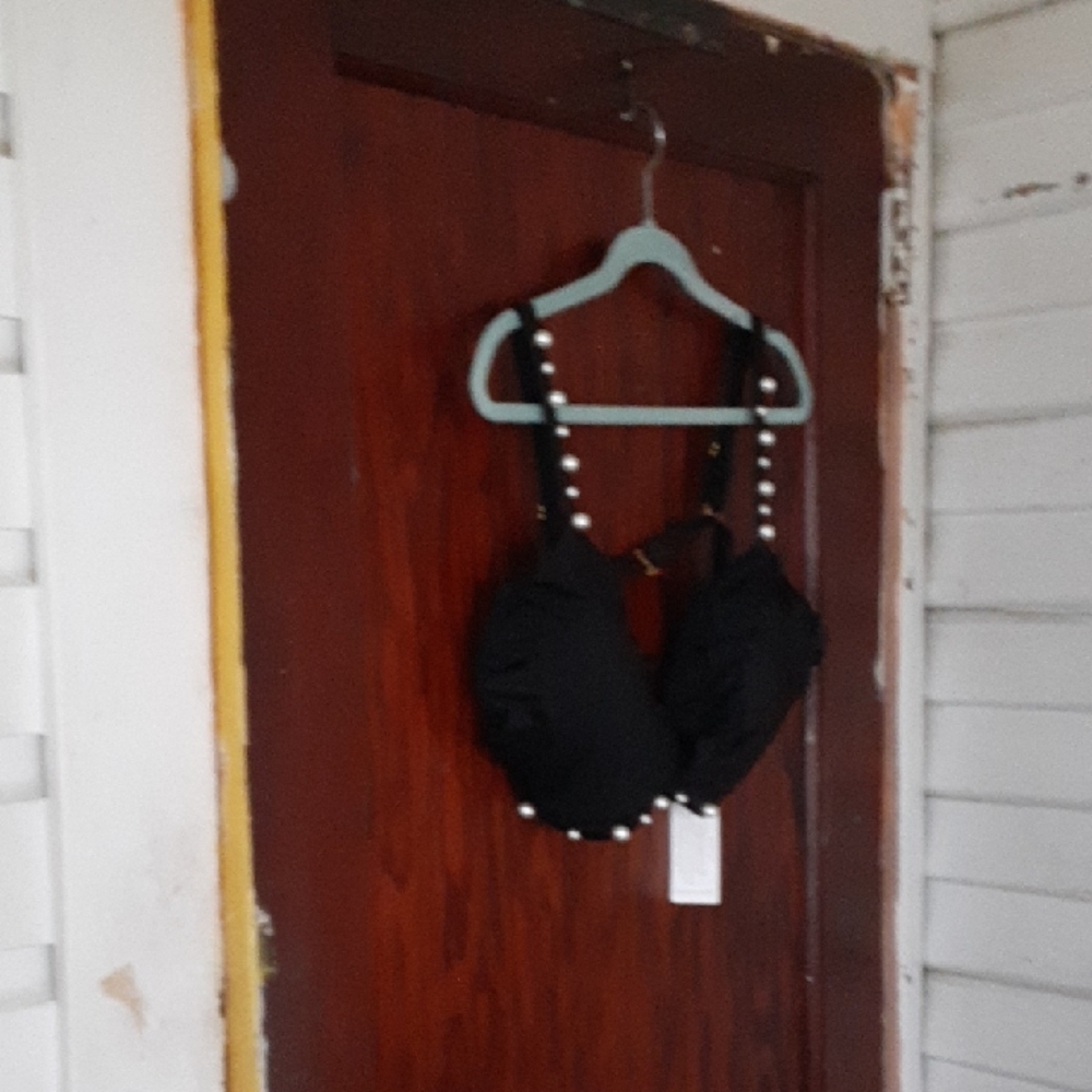 Bahimi Pearl-Trim Black Bikini Top Sz L/XL